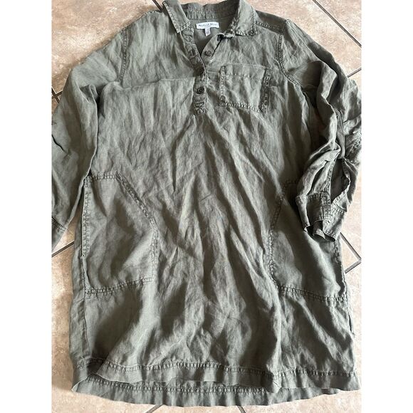 Michael Stars M Linen Olive Green Mini Dress Tunic Oversized - Picture 1 of 5